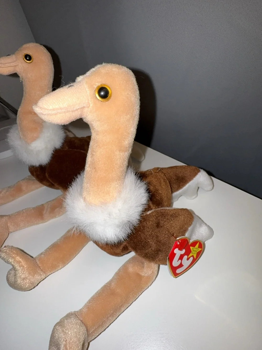 Ty Plush Ostrich Twins — Brown & Cream Beanie Pair
